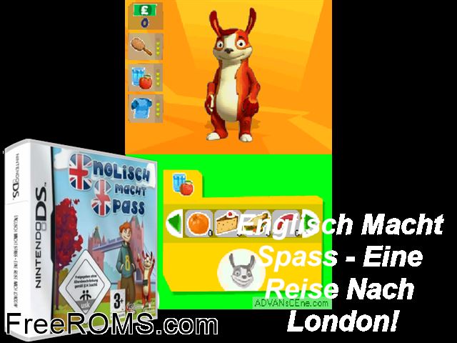 Englisch Macht Spass - Eine Reise nach London! Germany NDS game showing 3D box cover and gameplay screenshot