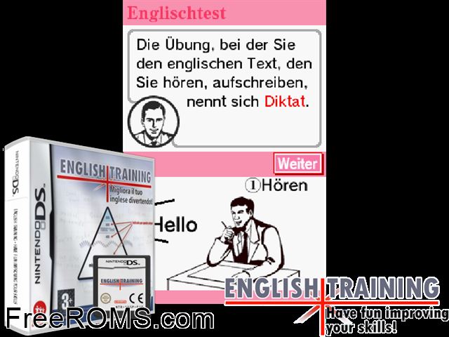 English Training - Have Fun Improving Your Skills Europe NDS game showing 3D box cover and gameplay screenshot