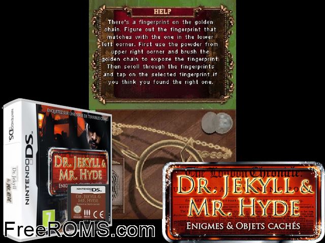 Enigmes and Objets Caches - Dr. Jekyll and Mr. Hyde France NDS game showing 3D box cover and gameplay screenshot