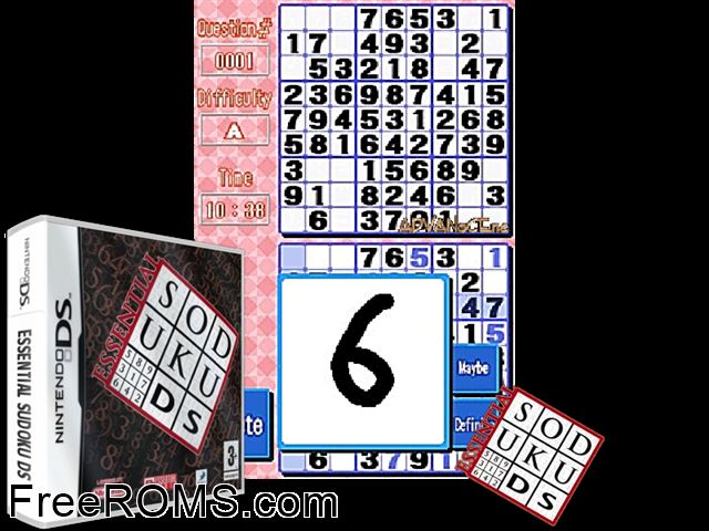 Essential Sudoku DS Europe NDS game showing 3D box cover and gameplay screenshot