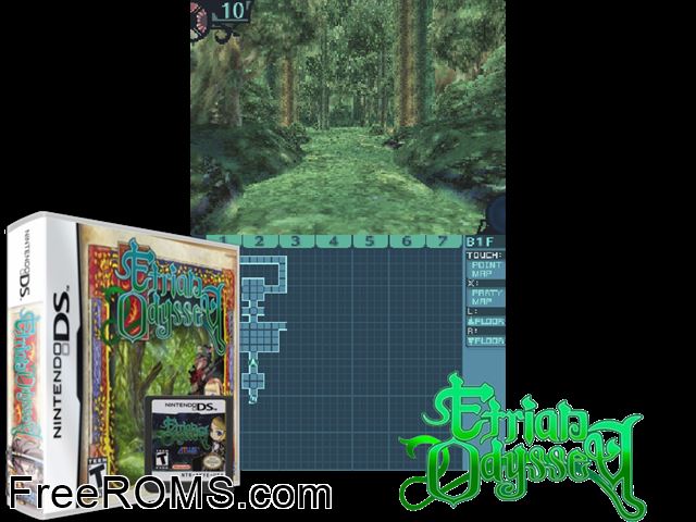 Etrian Odyssey NDS game showing 3D box cover and gameplay screenshot
