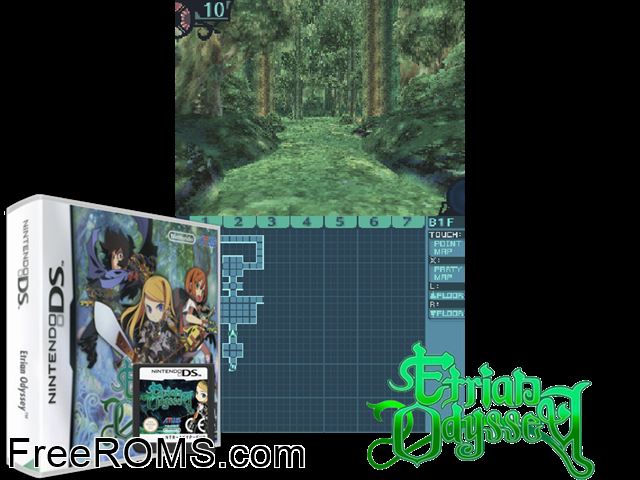 Etrian Odyssey Europe NDS game showing 3D box cover and gameplay screenshot