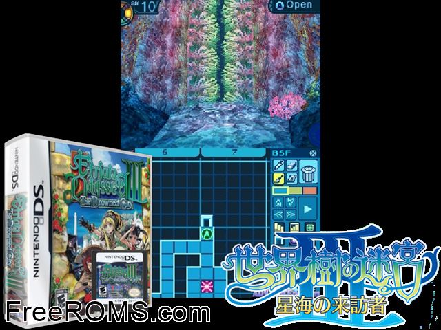 Etrian Odyssey III - The Drowned City NDS game showing 3D box cover and gameplay screenshot
