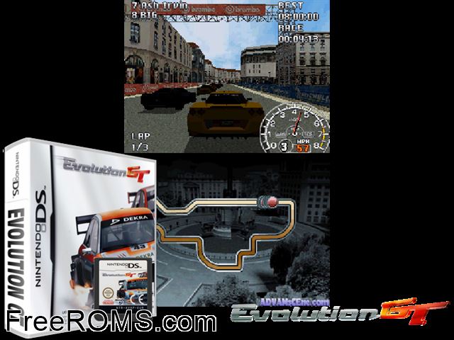 Evolution GT Europe NDS game showing 3D box cover and gameplay screenshot