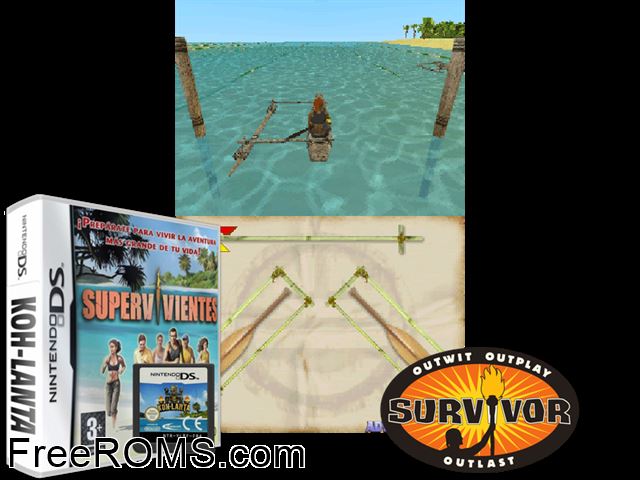 Expeditie Robinson Netherlands NDS game showing 3D box cover and gameplay screenshot