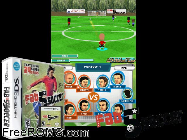 Fab 5 Soccer NDS game showing 3D box cover and gameplay screenshot