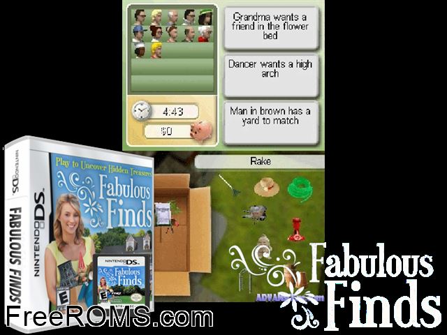 Fabulous Finds NDS game showing 3D box cover and gameplay screenshot