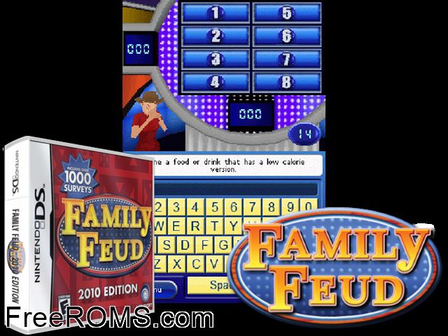Family Feud - 2010 Edition NDS game showing 3D box cover and gameplay screenshot