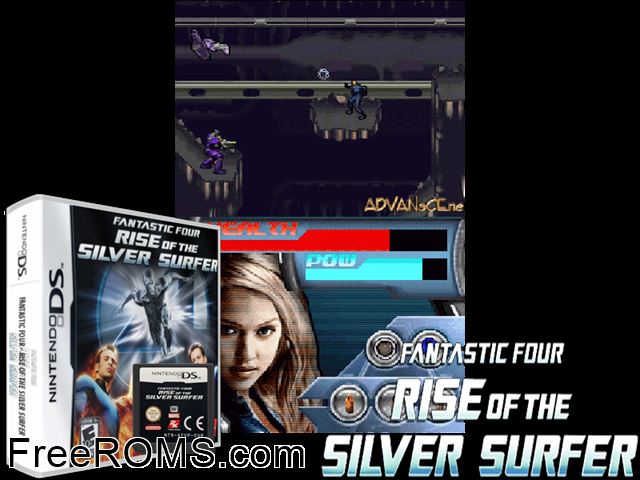 Fantastic Four - Rise of the Silver Surfer NDS game showing 3D box cover and gameplay screenshot