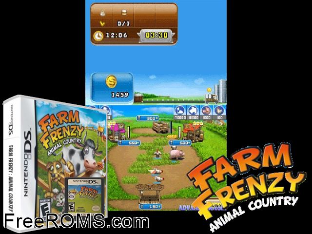 Farm Frenzy - Animal Country NDS game showing 3D box cover and gameplay screenshot
