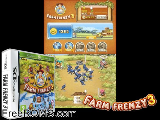 Farm Frenzy 3 Europe NDS game showing 3D box cover and gameplay screenshot