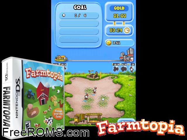 Farmtopia NDS game showing 3D box cover and gameplay screenshot