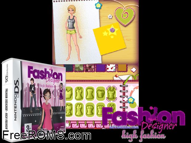 Fashion Designer - High Fashion Europe NDS game showing 3D box cover and gameplay screenshot