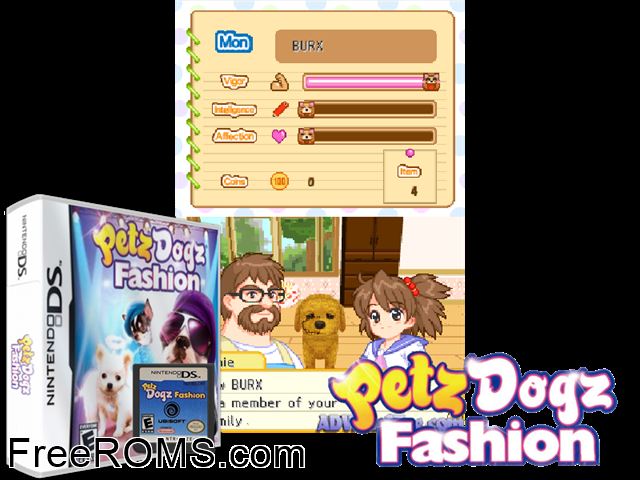 Fashion Dogz Europe NDS game showing 3D box cover and gameplay screenshot