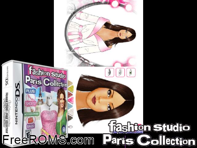 Fashion Studio - Paris Collection NDS game showing 3D box cover and gameplay screenshot