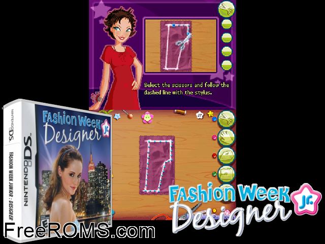 Fashion Week Jr. Designer NDS game showing 3D box cover and gameplay screenshot