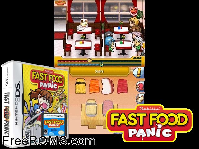 Fast Food Panic NDS game showing 3D box cover and gameplay screenshot