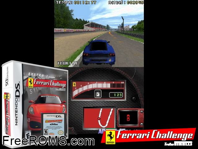 Ferrari Challenge Europe NDS game showing 3D box cover and gameplay screenshot