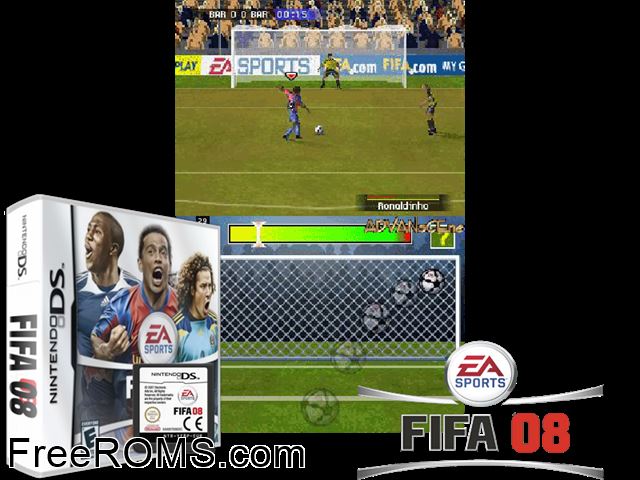 FIFA 08 Soccer NDS game showing 3D box cover and gameplay screenshot