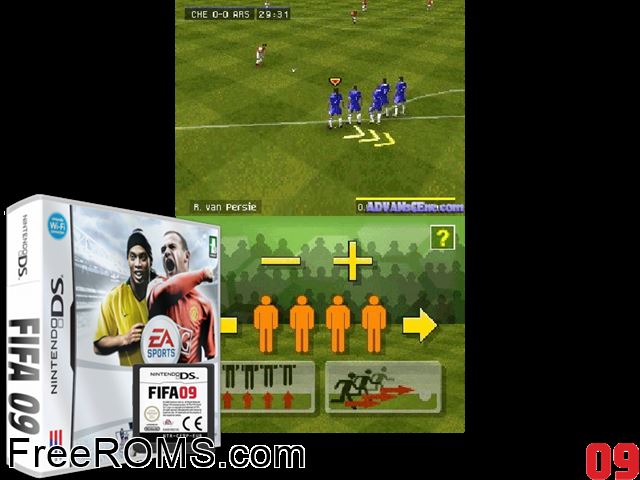 FIFA 09 NDS game showing 3D box cover and gameplay screenshot