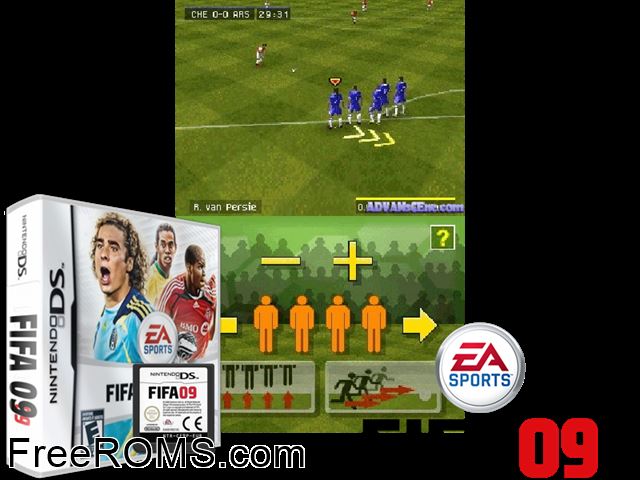 FIFA 09 Europe NDS game showing 3D box cover and gameplay screenshot