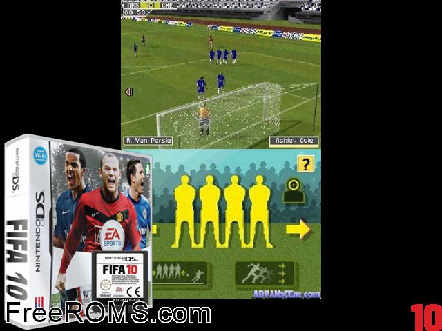 FIFA 10 NDS game showing 3D box cover and gameplay screenshot
