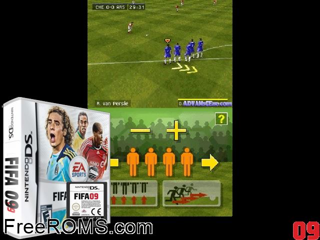 FIFA Soccer 09 NDS game showing 3D box cover and gameplay screenshot
