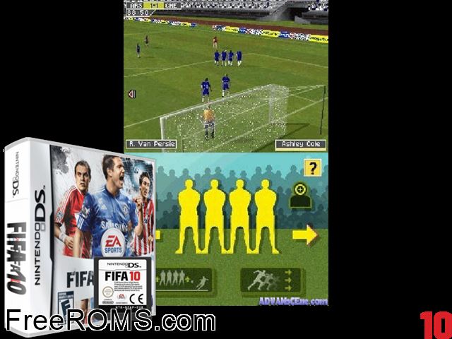 FIFA Soccer 10 NDS game showing 3D box cover and gameplay screenshot