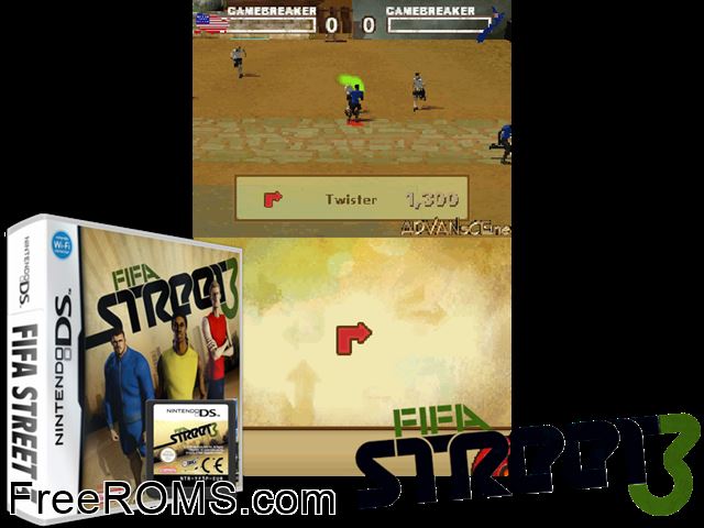 FIFA Street 3 Europe NDS game showing 3D box cover and gameplay screenshot