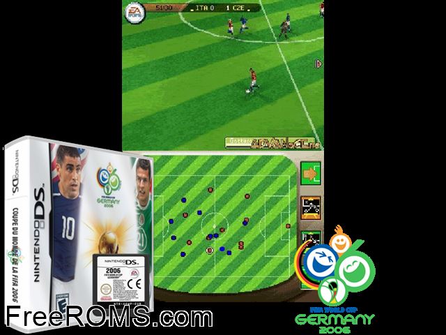 FIFA World Cup 2006 NDS game showing 3D box cover and gameplay screenshot