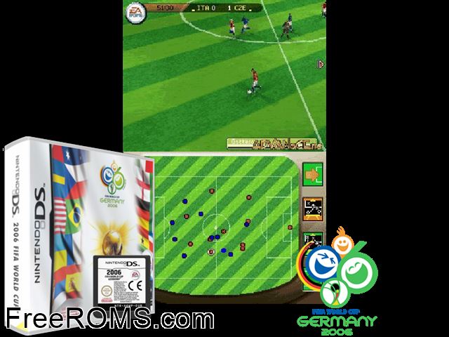 FIFA World Cup 2006 Europe NDS game showing 3D box cover and gameplay screenshot