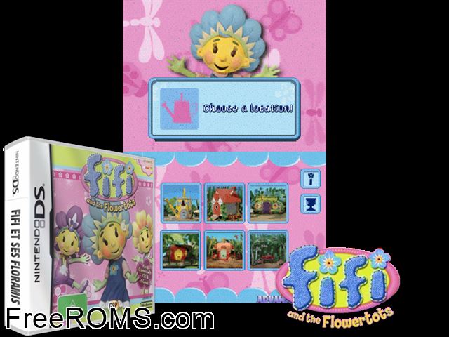 Fifi and the Flowertots Europe NDS game showing 3D box cover and gameplay screenshot