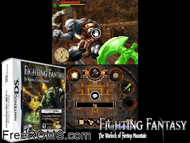 Fighting Fantasy - The Warlock of Firetop Mountain NDS game showing 3D box cover and gameplay screenshot