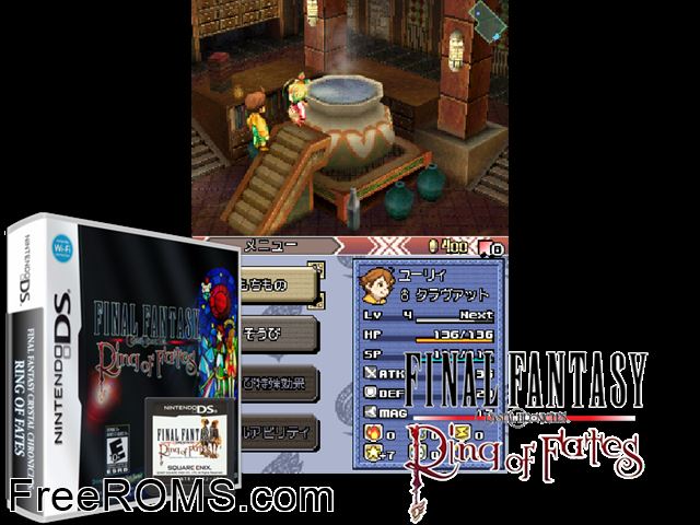 Final Fantasy Crystal Chronicles - Ring of Fates NDS game showing 3D box cover and gameplay screenshot