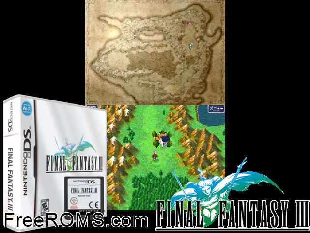 Final Fantasy III NDS game showing 3D box cover and gameplay screenshot