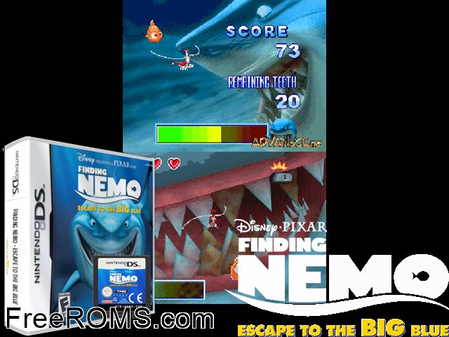 Finding Nemo - Escape to the Big Blue - Special Edition Europe NDS game showing 3D box cover and gameplay screenshot