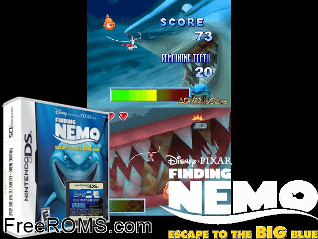 Finding Nemo Escape to the Big Blue Special Edition NDS game showing 3D box cover and gameplay screenshot