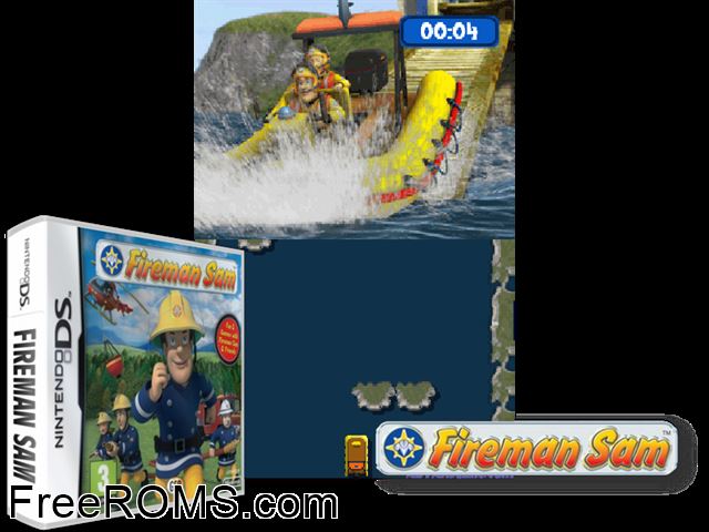 Fireman Sam - Always on Duty Europe NDS game showing 3D box cover and gameplay screenshot