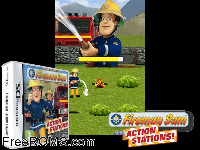 Fireman Sam Action Stations Europe NDS game showing 3D box cover and gameplay screenshot