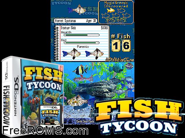 Fish Tycoon NDS game showing 3D box cover and gameplay screenshot