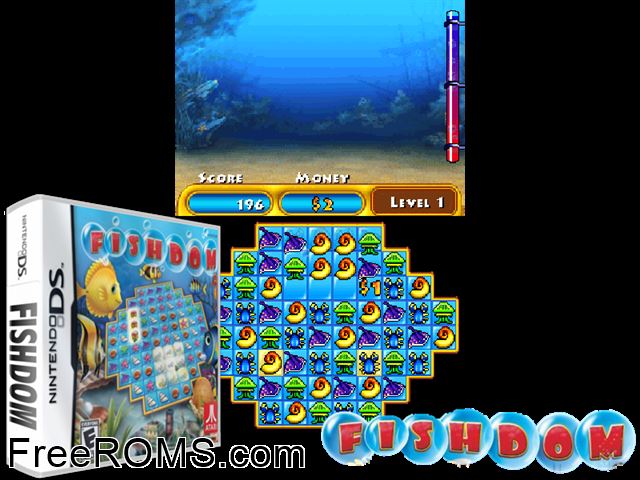 Fishdom DS Europe NDS game showing 3D box cover and gameplay screenshot
