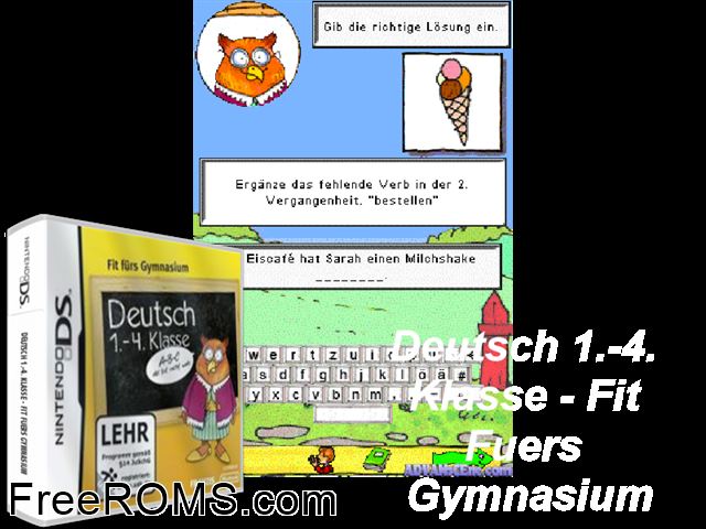 Fit fuers Gymnasium - Deutsch - Klasse 1. - 4. Germany NDS game showing 3D box cover and gameplay screenshot