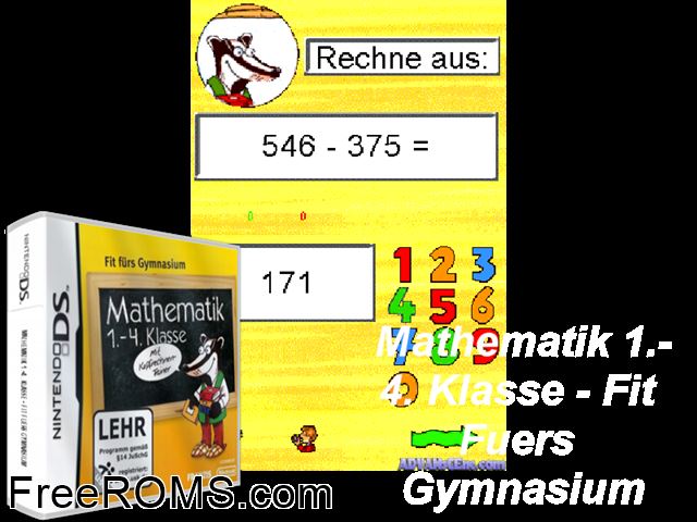 Fit fuers Gymnasium - Mathematik - Klasse 1. - 4. Germany NDS game showing 3D box cover and gameplay screenshot