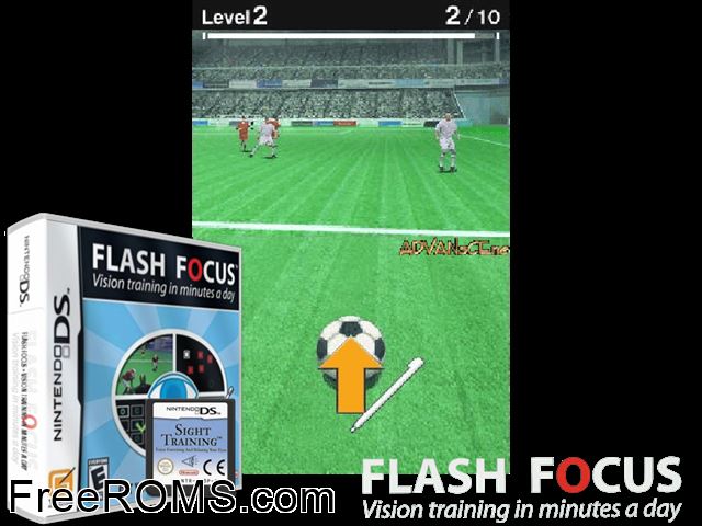 Flash Focus - Vision Training in Minutes a Day NDS game showing 3D box cover and gameplay screenshot