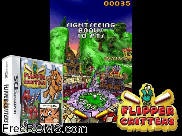 Flipper Critters NDS game showing 3D box cover and gameplay screenshot
