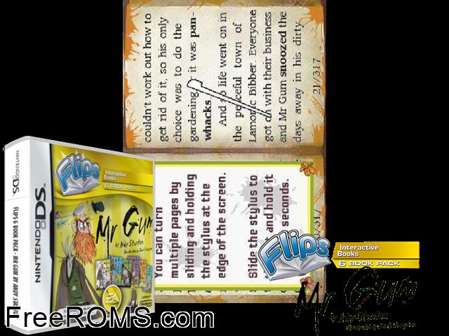 Flips - Mr Gum Europe NDS game showing 3D box cover and gameplay screenshot