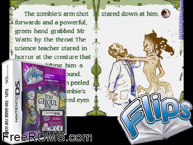 Flips - Too Ghoul for School Europe NDS game showing 3D box cover and gameplay screenshot