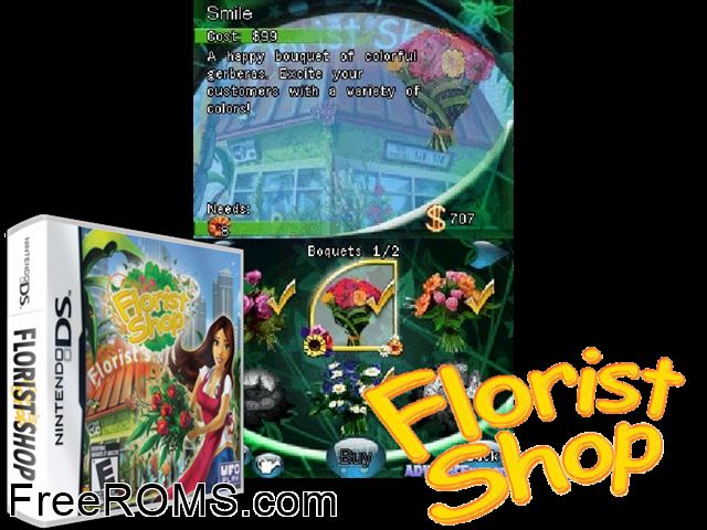 Florist Shop NDS game showing 3D box cover and gameplay screenshot