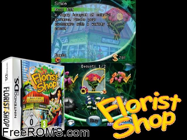 Florist Shop Germany NDS game showing 3D box cover and gameplay screenshot