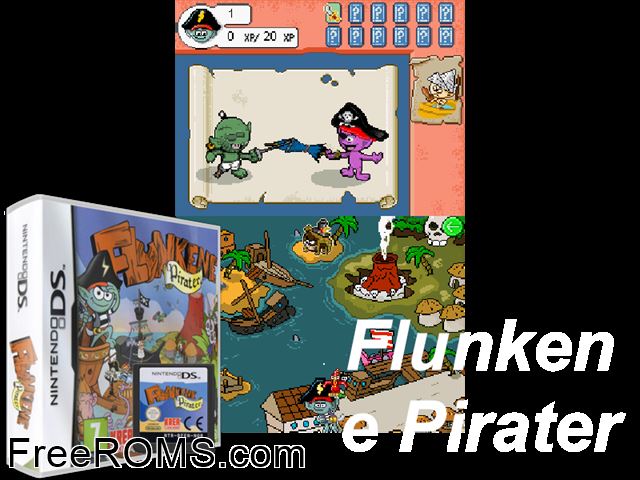 Flunkene Pirater NDS game showing 3D box cover and gameplay screenshot
